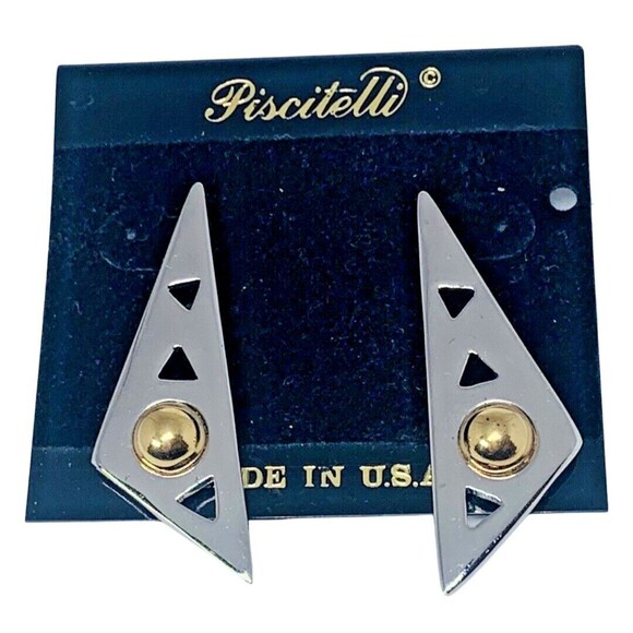 Piscitelli Triangle Statement Earrings 2” Silver Tone Signed Designer - Picture 10 of 11